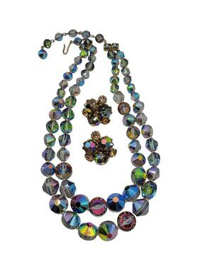 SIGNED Castlecliff Aurora Borealis Cystal Rivoli Necklace and Earring Set